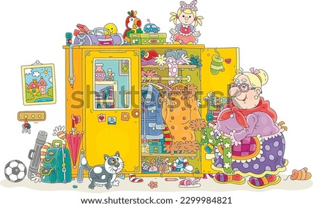 Funny granny with her merry plump cat cleaning up a large closet full of clothes, shoes, other things and toys in a home hallway, vector cartoon illustration isolated on a white background