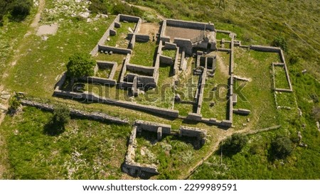 Aerial view of the temple of Jupiter Anxur located on the Sant'Angelo mount, in Terracina, in the province of Latina, Italy. It's an ancient Roman temple built on an imposing substructure.