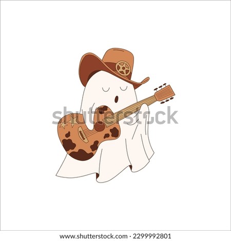 Halloween cute cowboy ghost country music singer retro illustration isolated on white. Western All Saints' Day spirit clip art. Howdy cartoon phantom with guitar design element. 
