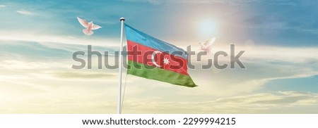 Waving flag of Azerbaijan in beautiful sky. Azerbaijan flag for independence day. Royalty-Free Stock Photo #2299994215