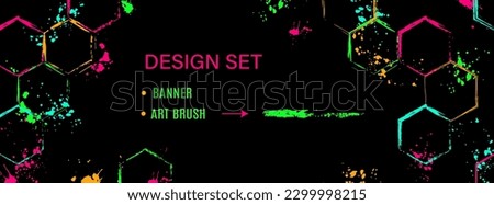 Horizontal banner with hexagons, paint brush strokes, spattered paint of neon bright colors. Virtual abstract poster, header for website with copy space. Clip art with design elements, art brushes.
