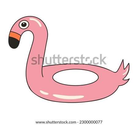 Cute flamingo swimming ring sticker in y2k groovy style. Retro cartoon style.