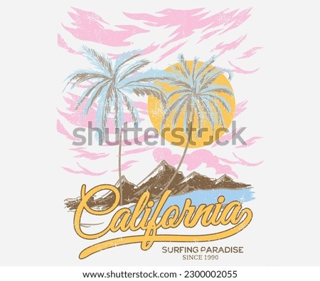 California beach hand sketch graphic print design for t shirt print, poster, sticker, background and other uses. Palm tree vintage print artwork. Beach mountain design.
