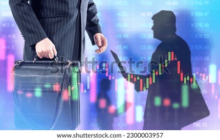 Investment business. Man with briefcase. Guys are trading. Investors near trader charts. Rise and fall investment money. Silhouette investor with laptop. Business background. Businessman cropped