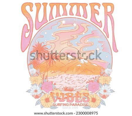 Summer vibes vector print design for t shirt and others. Beach graphic print design for apparel, stickers, posters and background. flower and sun artwork. Colorful sky. abstract.