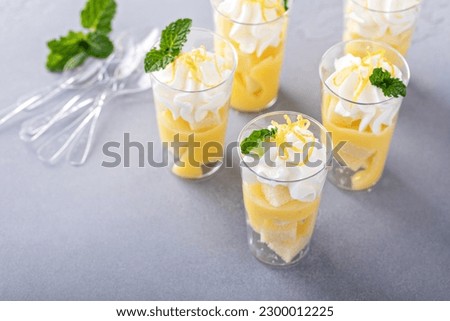 Lemon curd layered dessert shots for a party or birthday, desset table idea, catering