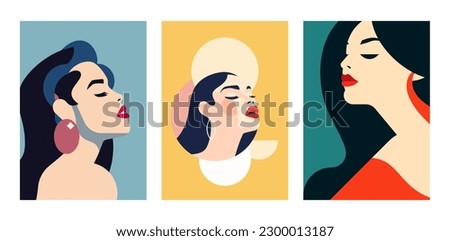 Romantic retro woman portrait pop art fashion minimal contemporary artwork poster set vector flat illustration. Elegant female with red lips abstract pastel paint spot cute silhouette beauty avatar