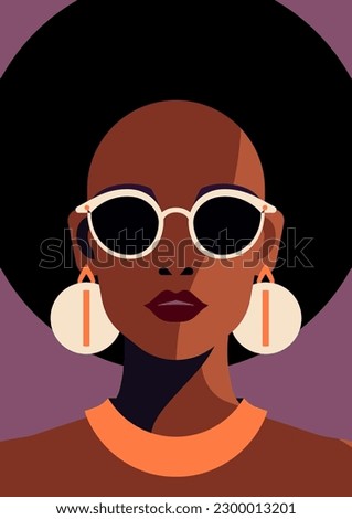 African black woman fashion pastel paint color portrait minimal contemporary poster vector flat illustration. Afro stylish strong female head ethnic hair in sunglasses earrings trendy figure