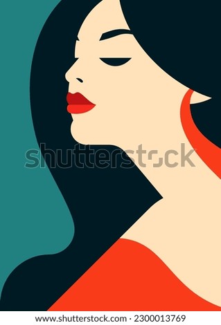 Trendy brunette retro woman fashion red lips makeup paint color minimal poster vector flat illustration. Beautiful romantic female portrait contemporary artwork card for Mother's Day t shirt print