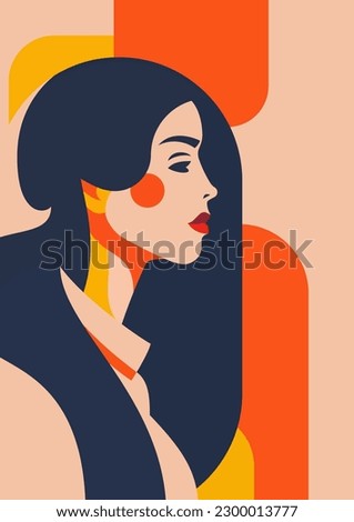 Strong brunette woman portrait pop art color paint contemporary artwork poster vector flat illustration. Power confident female head stylish silhouette with abstract geometric pastel background print