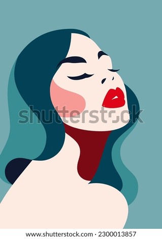 Fashion woman portrait trendy artwork paint blue color for poster t shirt print card vector flat illustration. Retro abstract female head red lips minimalist contemporary pastel pop art silhouette
