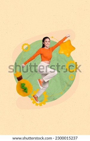Vertical creative collage photo of happy purposeful young girl self developing for achieving success isolated beige color background