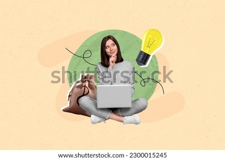 Creative artwork 3d collage photo of minded clever girl think idea for business investing money isolated on beige color background