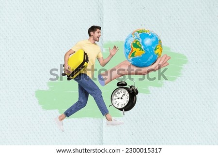 Picture travel agency collage of young guy run suitcase time oclock running delay airport globe geography isolated on drawn background
