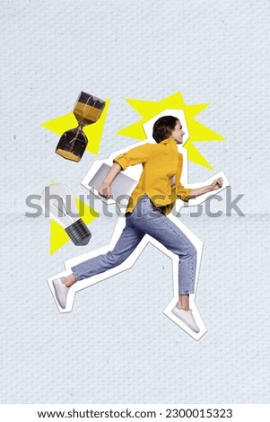 Vertical template picture collage of young office manager worker lady run genius idea no time for waiting isolated on grey background