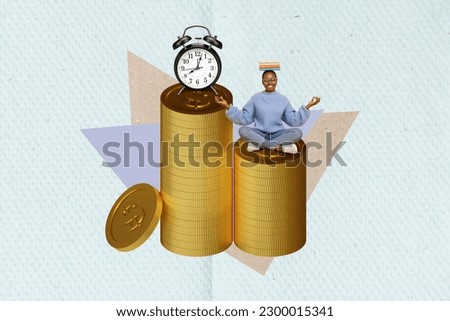 Creative collage startup business lady work life balance sit her budget stack coins timer read book meditation isolated on blue background