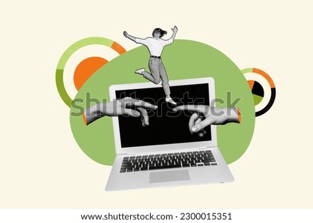 Artwork picture image sketch 3d poster collage of excited smiling girl running monitor display two human arms touch on painting background