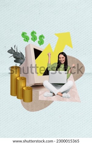 Creative abstract template graphics collage image of lucky lady winning cash device isolated teal color background