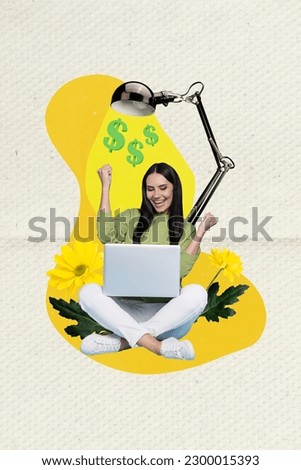 Photo cartoon comics sketch collage picture of smiling lucky lady winning money modern gadget isolated creative background