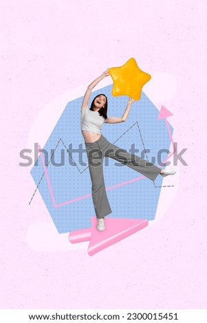 Composite photo 3d picture collage of young woman become successful hold golden star arrow show way up isolated on pink background