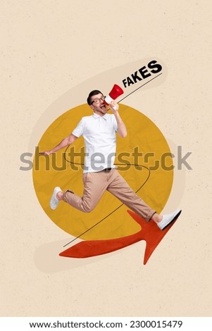 Collage of young propaganda maker promoter man scream fakes megaphone politics activist support war ukraine isolated on beige background Royalty-Free Stock Photo #2300015479