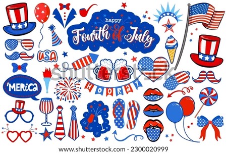 Happy Independence Day photo booth prop set. Premium vector cap, hat, lips, eyeglasses, degree and many other. 4th of July party photo booth. Let the freedom ring. Royalty-Free Stock Photo #2300020999