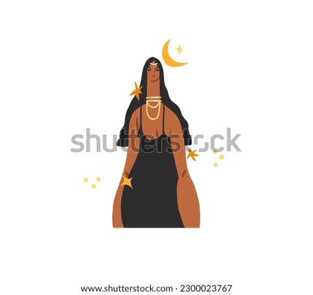 Hand drawn vector abstract modern cartoon illustration of young boho female character with abstract moon and stars in simple style.Modern woman design.Feminine nature concept art .Boho woman concept.