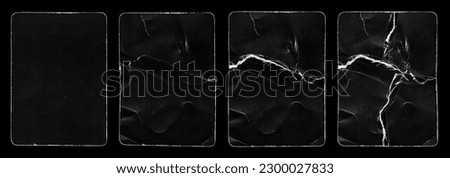 Set of Old Black Empty Aged Vintage Retro Damaged Paper Cardboard Card. Rounded Corners. Adhesive Tape. Rough Grunge Shabby Scratched Texture. Distressed Overlay Surface for Collage and Mixed Media. H Royalty-Free Stock Photo #2300027833