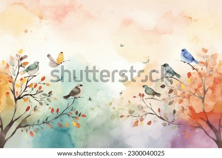 Watercolor Vector Background With Birds | Hand-Painted Wall Mate