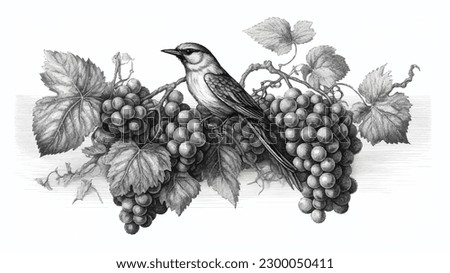A sketch of a bird and a grape branch Royalty-Free Stock Photo #2300050411