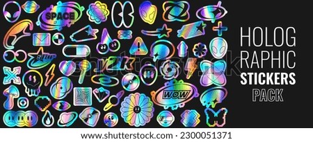 Set of holographic retro futuristic stickers. Vector illustration with iridescent foil adhesive film with symbols and objects in y2k style. Holographic futuristic labels. Royalty-Free Stock Photo #2300051371