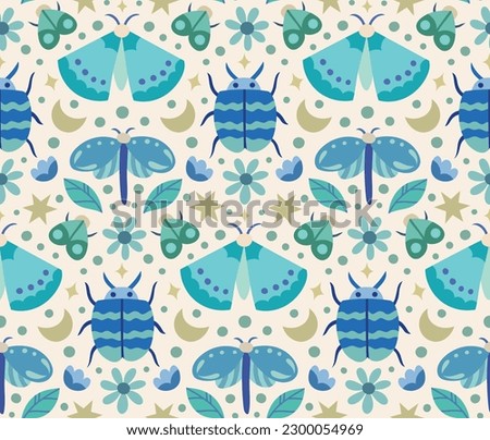 Cute seamless pattern with hand-drawn bugs and floral elements. Vector summer botanical background.
