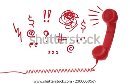 Complaint. Red corded telephone handset and different illustrations on white background Royalty-Free Stock Photo #2300059569