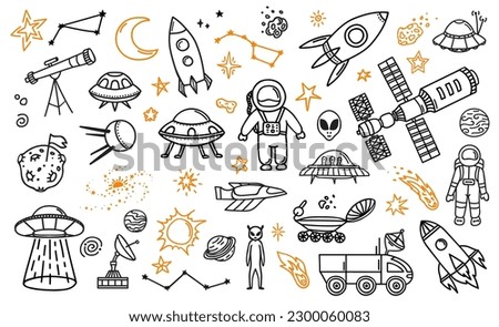 Doodle space planets, astronauts, spaceship, comets and asteroids. Cosmos research, space flight or adventure line vector pictograms. Galaxy discovery background with spacesuit, alien UFO and rover Royalty-Free Stock Photo #2300060083