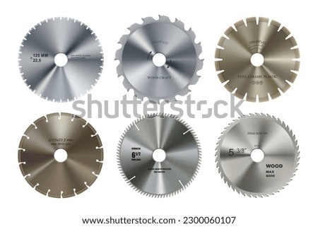 Realistic circular saw blade discs, vector metal, steel or wood cutting tool. Isolated circular saw blade discs with round cut circles and sharp teeth, woodwork or metalwork, cutter machine disks Royalty-Free Stock Photo #2300060107