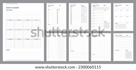Planner page templates, daily diary or business schedule list notebook, vector printable organizer. Planner calendar with day or week plan, school or business yearly planner with goals and to do list Royalty-Free Stock Photo #2300060115