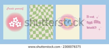 Vector illustration. Posters in trendy style y2k with checkerboard, flowers, gradient and lettering. Modern minimalist print. Perfect as a background pattern, textile design and home decor.