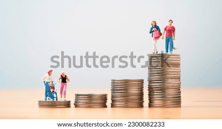 miniature figure parents standing in lowest coins and shopping couple woman and man standing in highest coins for people with children have less spending power concept. Royalty-Free Stock Photo #2300082233