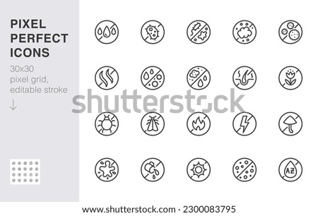 Fabric material protection line icon set. Sweat resistant, antibacterial proof, antistatic minimal vector illustration. Simple outline sign for clothing material. 30x30 Pixel Perfect, Editable Stroke