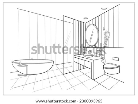 Sketch modern bathroom interior design. Vector outline drawing washroom, shower cabin, bathtub, sink, mirror, fittings, sanitary ware, equipment. Line draw interior of a room for spa procedures.  Royalty-Free Stock Photo #2300093965