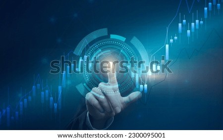 
businessman Hand touch digital hud interface futuristic technology and growth success finance business chart of metaverse technology financial graph investment diagram. Royalty-Free Stock Photo #2300095001