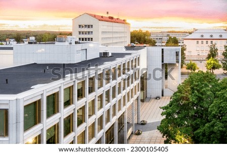Kouvola, Finland. City Hall of the town. Beautiful cityscape. Day or evening sunset in summer. Finnish tourism and travel. Aerial panorama view. Royalty-Free Stock Photo #2300105405