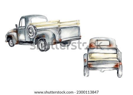 Vintage watercolor gray trucks set, hand drawn illustration of old retro car on a white background. Perfect for scrapbooking, kids design, wedding invitation, posters, greetings cards.