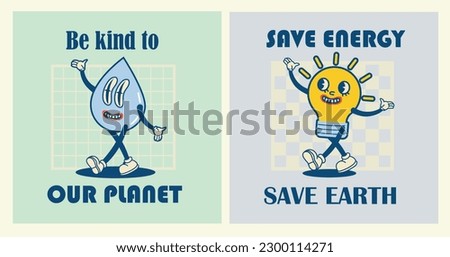 Happy Earth Day retro cards with slogan. Vintage nostalgia cartoon planet mascot character with smiling face. Globe with peace hand gesture. Environment friendly recycle concept.