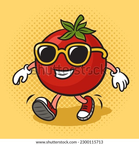 Cartoon happy tomato walking in sunglasses pinup pop art retro raster illustration. Comic book style imitation.