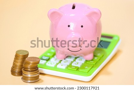 A ceramic piggy bank on top of a calculator with piles of coins in the composition. Studio photo.
