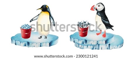 Watercolor puffin bird with red bucket full of fish and king penguins on ice isolated. Hand painting realistic Arctic and Antarctic ocean mammals. For designers, decoration, postcards, wrapping paper