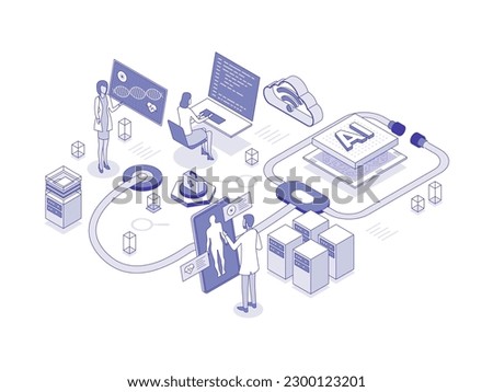 Doctors and researchers using innovative technologies for medicine and healthcare: artificial intelligence in healthcare lineal isometric illustration