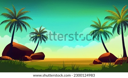 Coconut trees in the daylight beach with rock, beautiful vibrant color paradise vector landscape