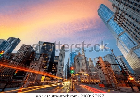 Cityscape of Trafic and ligh of car on Dusable bridge over lake michigan in Chicago city, USA Royalty-Free Stock Photo #2300127297